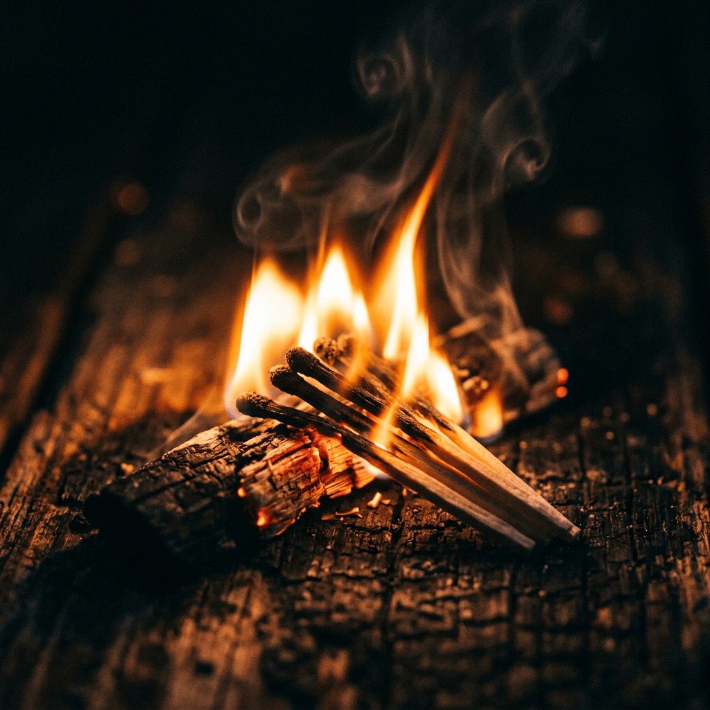 Flames rising from stacked firewood in a dark campfire setting